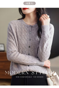 Retro Literary Elegant Slim Spring & Fall New Round Neck Knitted Cardigan Skin-friendly Soft Twist Sweater Jacket for Women