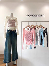 Fake Two-piece Bow Printed Shoulder Neck Long-sleeved T-shirt Thin Summer Sweet Spice Girl Blouse Design Top for Women