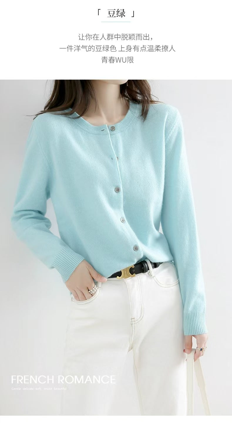 Autumn and Winter New Round Neck Knitted Cardigan Women's Loose Large Size Sweater Versatile Jacket Pure Color Bottoming Wool Jacket