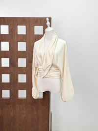 Unique Design, Sexy and Versatile, High-End Asymmetrical Draped V-Neck Waist-Cinching Satin Blouse for Women