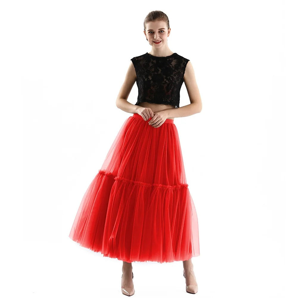 Mesh Skirt for Women 2025 Spring, Summer, and Autumn Long High-Waisted Ladylike Cake Skirt with Pleated Patchwork Midi Skirt with a Large Hem