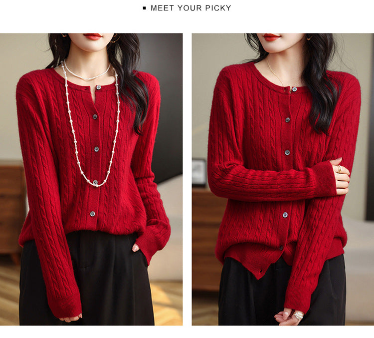 Retro Literary Elegant Slim Spring & Fall New Round Neck Knitted Cardigan Skin-friendly Soft Twist Sweater Jacket for Women