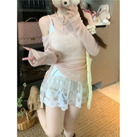 Light Green Off-Shoulder Long-Sleeved T-Shirt for Women Spring See-Through Thin Sun Protection Blouse Drawstring Slim Chic Versatile Top