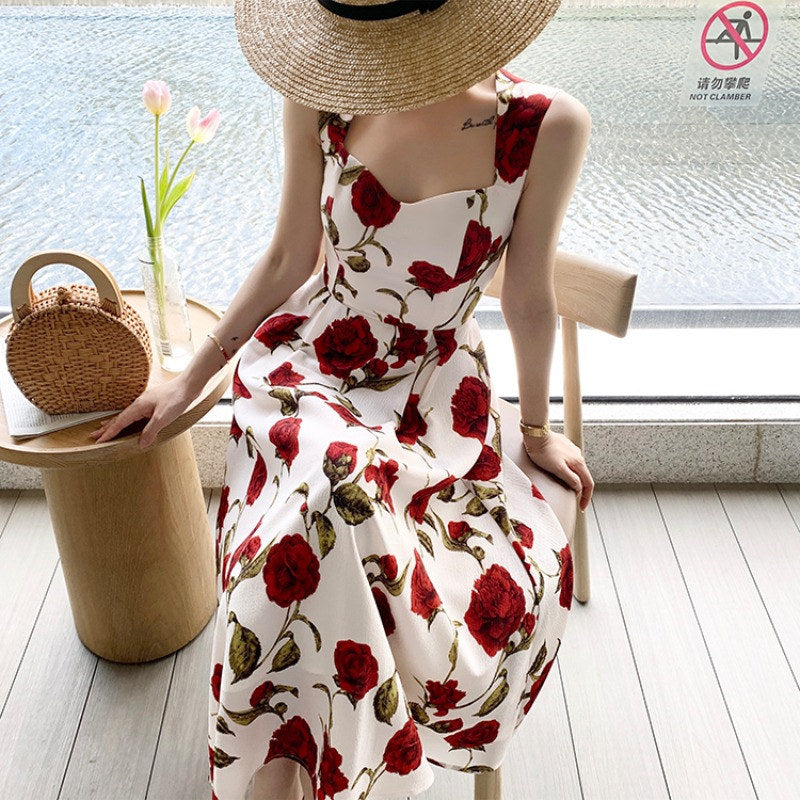 Summer New French Style Seaside Vacation Romantic Rose dress Thin Sleeveless Shoulder Hanging Floral Vest Long Dress for Women