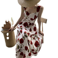 Summer New French Style Seaside Vacation Romantic Rose dress Thin Sleeveless Shoulder Hanging Floral Vest Long Dress for Women