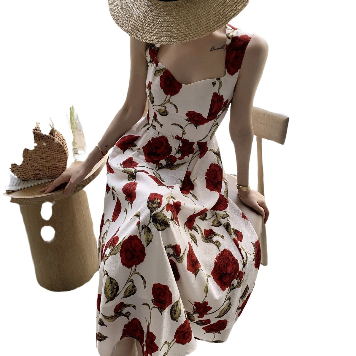 Summer New French Style Seaside Vacation Romantic Rose dress Thin Sleeveless Shoulder Hanging Floral Vest Long Dress for Women