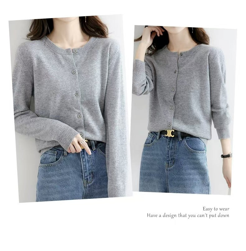 Autumn and Winter New Round Neck Knitted Cardigan Women's Loose Large Size Sweater Versatile Jacket Pure Color Bottoming Wool Jacket