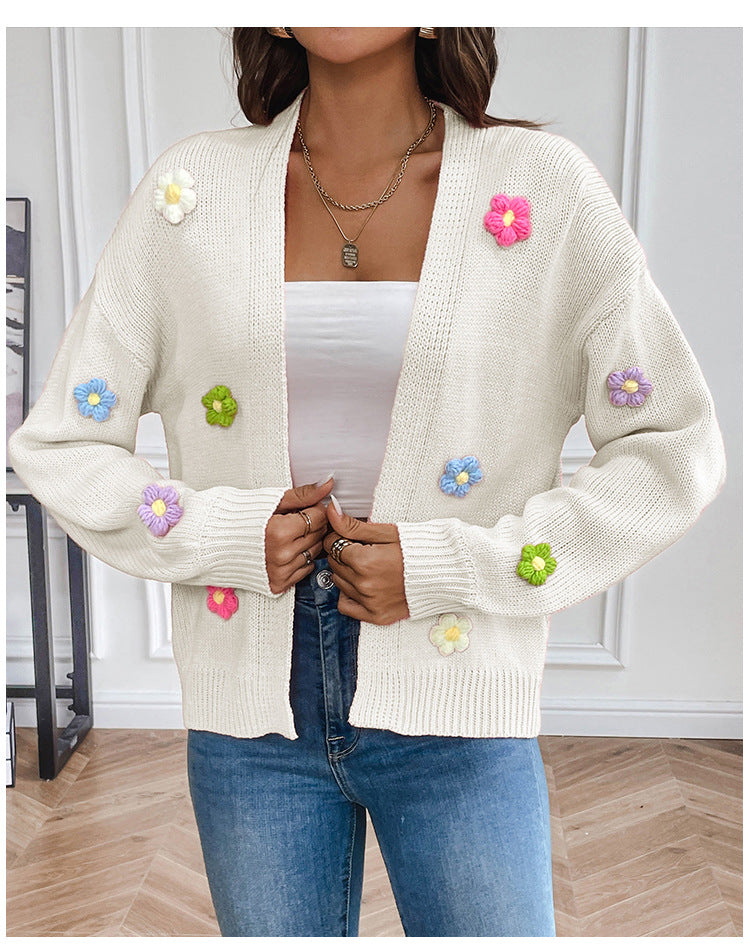 Foreign trade cross-border new hand hook flower sweet knitted cardigan sweater coat women's lazy casual loose sweater