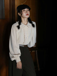 Apricot Ruffled Doll Collar Blouse for Women 2024 Spring and Autumn Loose Lantern Sleeve Unique Top with an Artistic Style