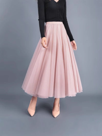 New Long Veil Skirt Oversized Puff Mesh Skirt Women's Spring and Summer High Waist Slim-Fit Pleated A- Line Fairy Skirt