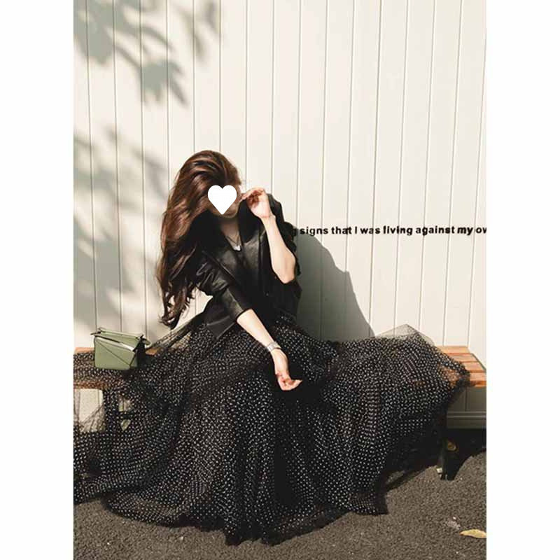 Designed Mesh Large Hem Umbrella Skirt for Women Summer French Romantic Fairy Long Skirt Polka Dot Skirt