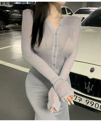 South Korea Dongdaemun fashionable all-match slim-fit sexy black micro-transparent sun protection long-sleeved knitted cardigan top for women