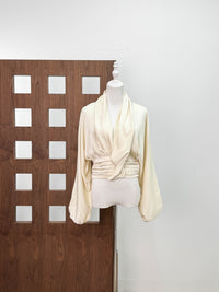 Unique Design, Sexy and Versatile, High-End Asymmetrical Draped V-Neck Waist-Cinching Satin Blouse for Women