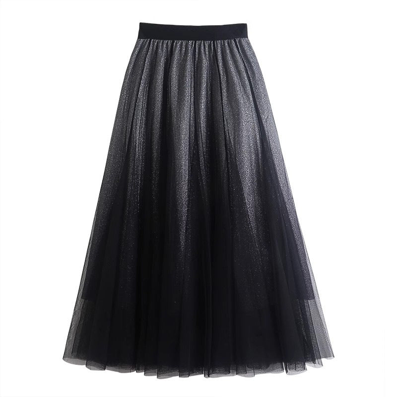 Gradient Starry Sky Bright Silk Mesh Skirt Women's Skirt A- Line Skirt High Waist Large Swing Mesh Pleated Skirt Midi Skirt