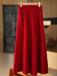 25 Autumn/Winter 100% Pure Wool Knitted Shiny Silk Midi Skirt for Women High Waist Mid-Length Red Skirt Sparkling A-Line Umbrella Skirt