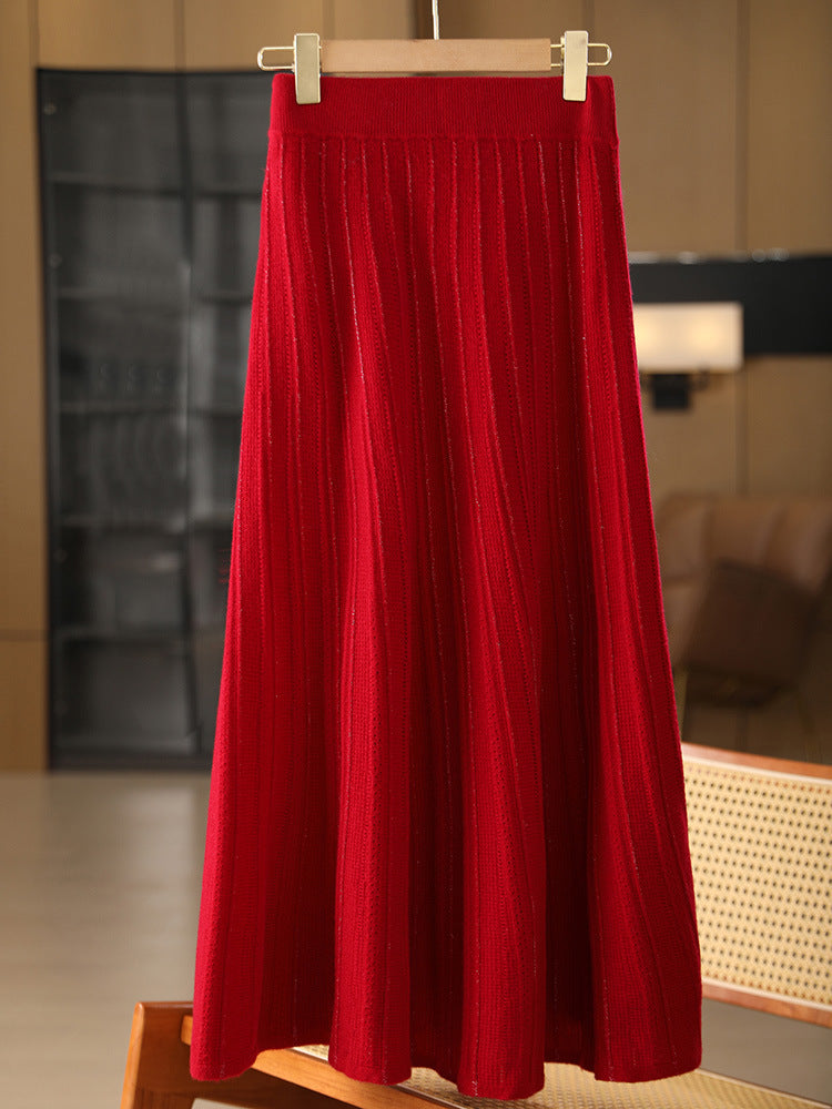 25 Autumn/Winter 100% Pure Wool Knitted Shiny Silk Midi Skirt for Women High Waist Mid-Length Red Skirt Sparkling A-Line Umbrella Skirt