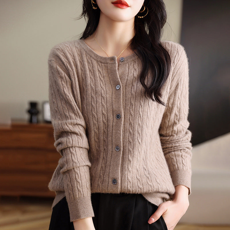 Retro Literary Elegant Slim Spring & Fall New Round Neck Knitted Cardigan Skin-friendly Soft Twist Sweater Jacket for Women