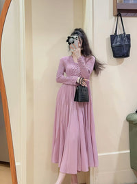 French Romantic Elegant dress Autumn New Hepburn Style Tight Waist Slimming Crewneck Western Style Mid-length Dress for Women
