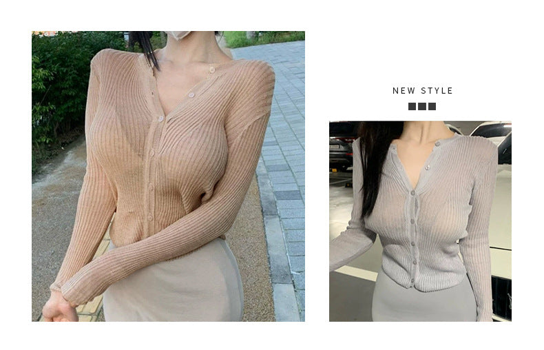 South Korea Dongdaemun fashionable all-match slim-fit sexy black micro-transparent sun protection long-sleeved knitted cardigan top for women