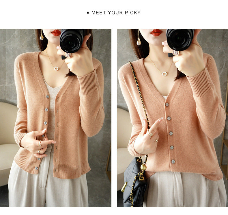 Knitted Cardigan Women's Spring and Autumn Long-Sleeved Sweater Cardigan Thin Age-Reducing Jacket Knitted Sweater Cross-Border Sweater Cardigan Base