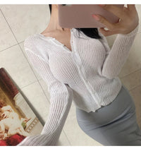 South Korea Dongdaemun fashionable all-match slim-fit sexy black micro-transparent sun protection long-sleeved knitted cardigan top for women