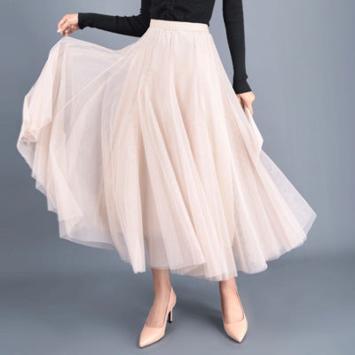 New Long Veil Skirt Oversized Puff Mesh Skirt Women's Spring and Summer High Waist Slim-Fit Pleated A- Line Fairy Skirt
