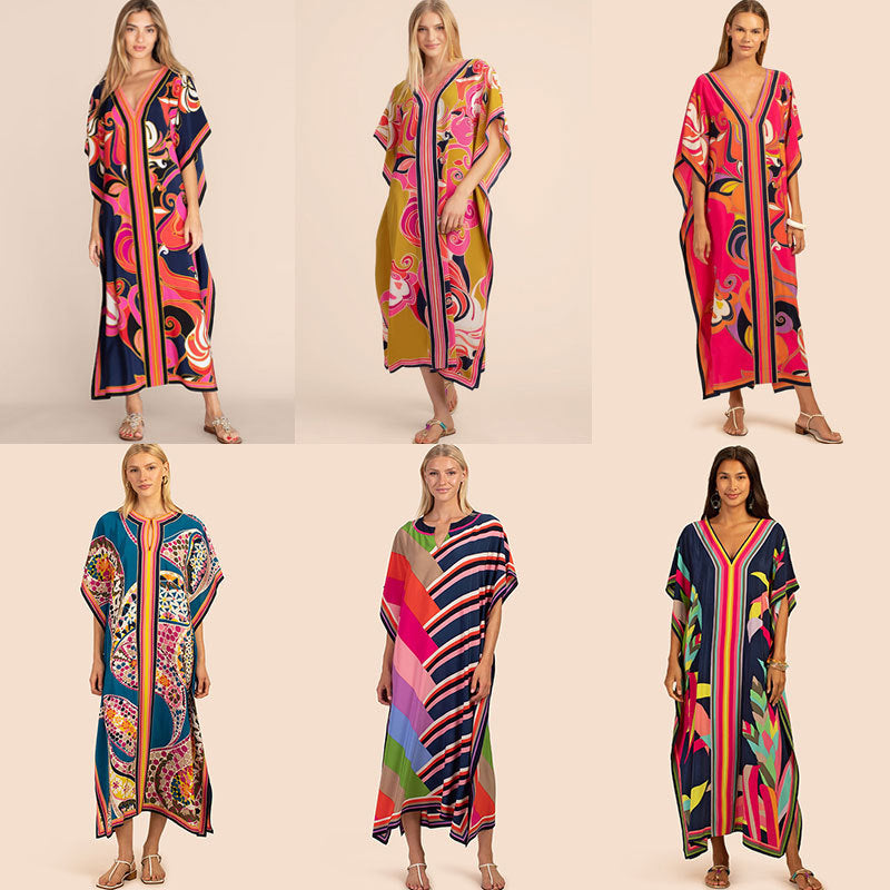 European and American New Positioning Printed Blouse Seaside Vacation Long Dress Loose Blouse Bikini Swimwear Long Gown Women
