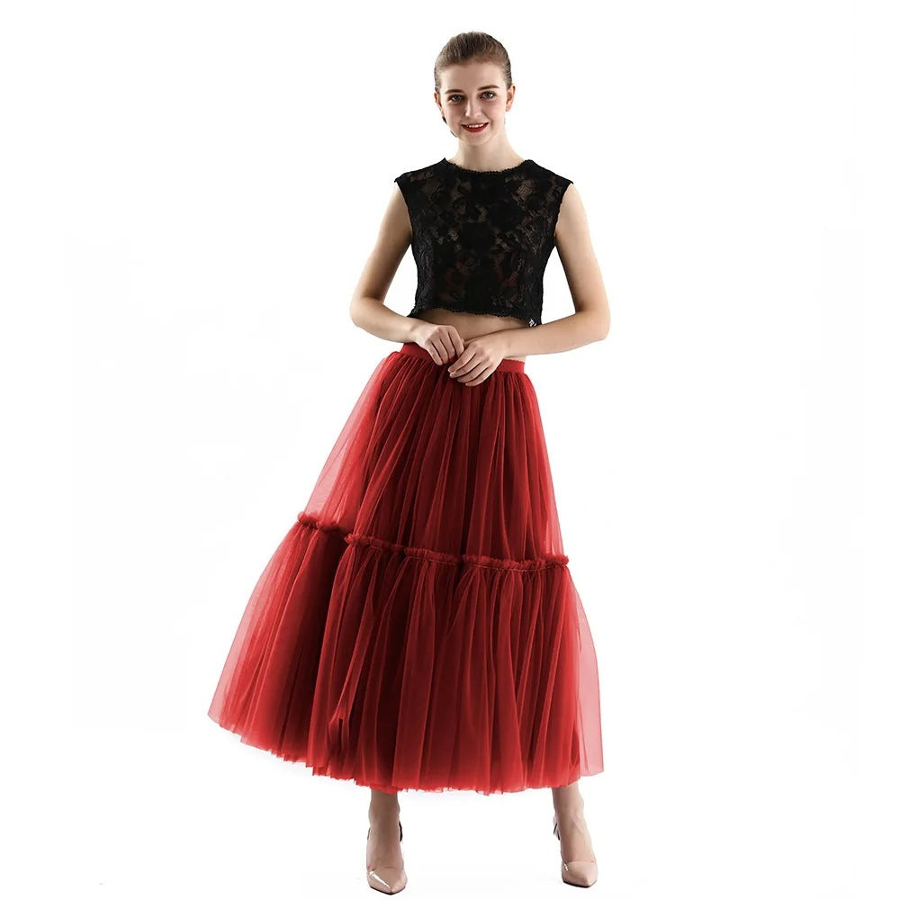 Mesh Skirt for Women 2025 Spring, Summer, and Autumn Long High-Waisted Ladylike Cake Skirt with Pleated Patchwork Midi Skirt with a Large Hem