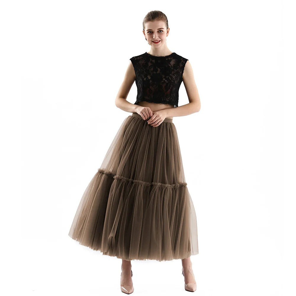 Mesh Skirt for Women 2025 Spring, Summer, and Autumn Long High-Waisted Ladylike Cake Skirt with Pleated Patchwork Midi Skirt with a Large Hem