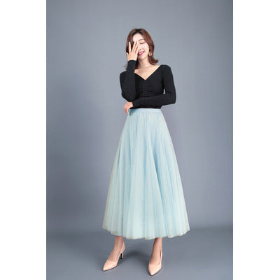 New Long Veil Skirt Oversized Puff Mesh Skirt Women's Spring and Summer High Waist Slim-Fit Pleated A- Line Fairy Skirt
