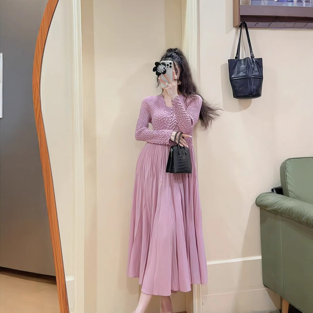 French Romantic Elegant dress Autumn New Hepburn Style Tight Waist Slimming Crewneck Western Style Mid-length Dress for Women