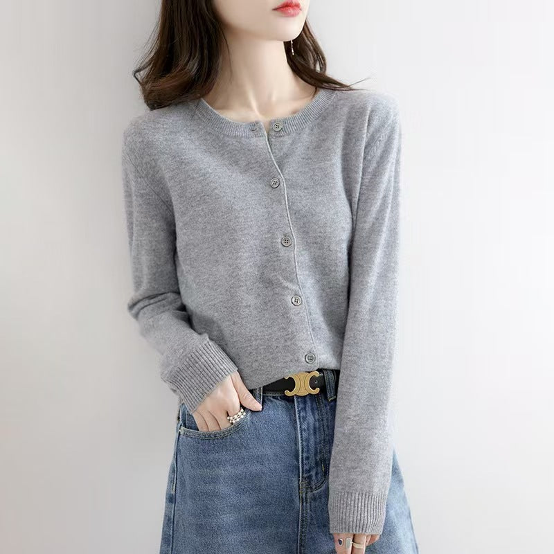 Autumn and Winter New Round Neck Knitted Cardigan Women's Loose Large Size Sweater Versatile Jacket Pure Color Bottoming Wool Jacket