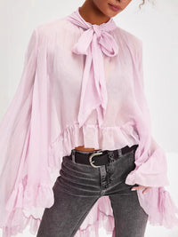 European and American women's fashion sexy perspective blouse top 2025 summer new horn sleeve design French lace