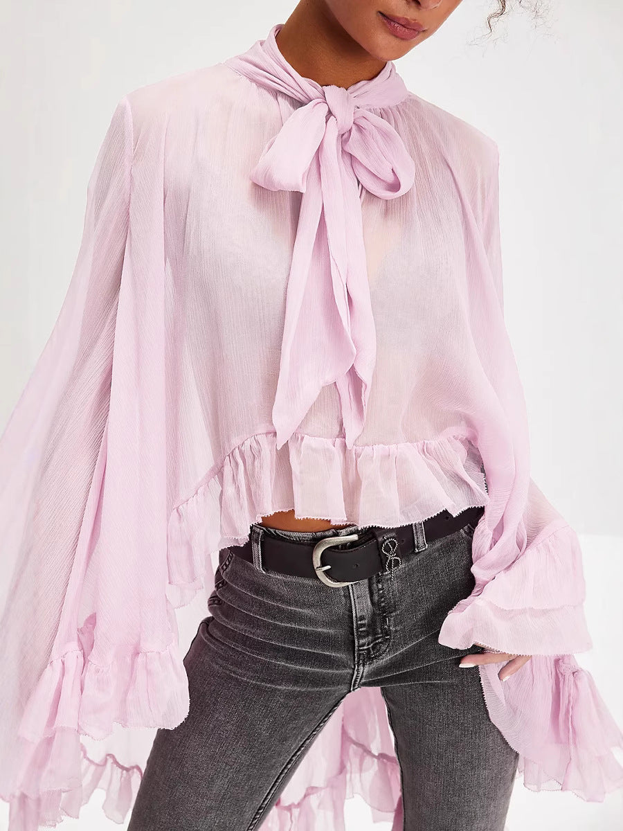 European and American women's fashion sexy perspective blouse top 2025 summer new horn sleeve design French lace