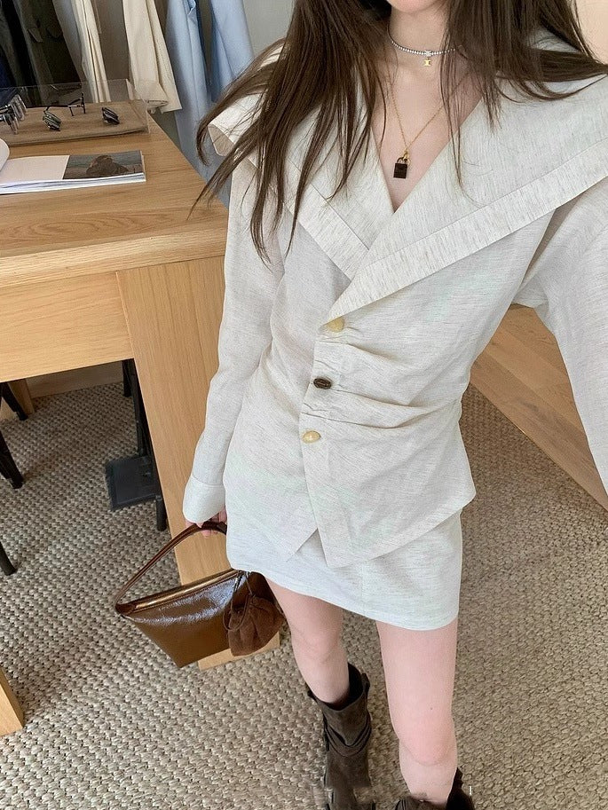 Romantic Early Morning · Spring New Lapel Irregular Placket Long Sleeve Shirt for Women & A- line Half Skirt