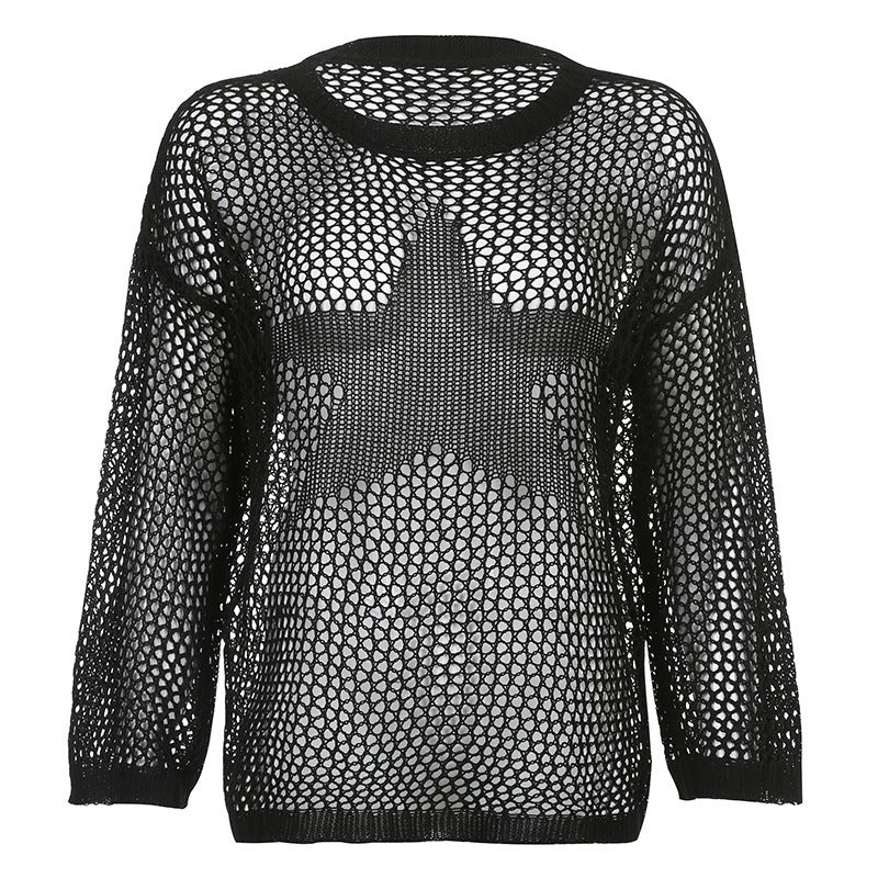 Lazy Style Star Loose Long-Sleeved Knitwear 2025 Women's Sexy Cut Out See-Through Pure Color Slimming Look Woolen Blouse