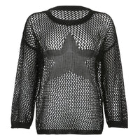 Lazy Style Star Loose Long-Sleeved Knitwear 2025 Women's Sexy Cut Out See-Through Pure Color Slimming Look Woolen Blouse