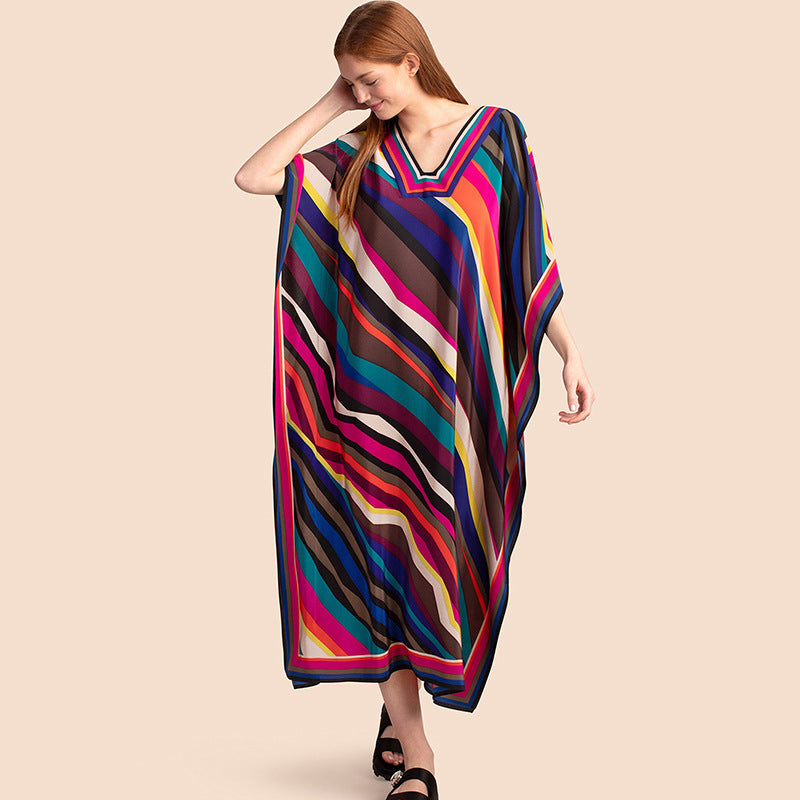 European and American New Positioning Printed Blouse Seaside Vacation Long Dress Loose Blouse Bikini Swimwear Long Gown Women