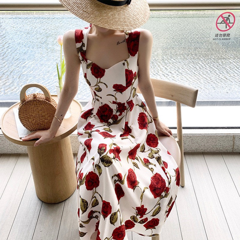 Summer New French Style Seaside Vacation Romantic Rose dress Thin Sleeveless Shoulder Hanging Floral Vest Long Dress for Women