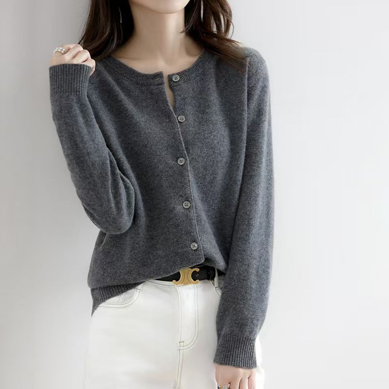 Autumn and Winter New Round Neck Knitted Cardigan Women's Loose Large Size Sweater Versatile Jacket Pure Color Bottoming Wool Jacket