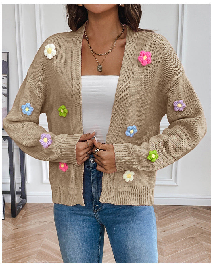 Foreign trade cross-border new hand hook flower sweet knitted cardigan sweater coat women's lazy casual loose sweater