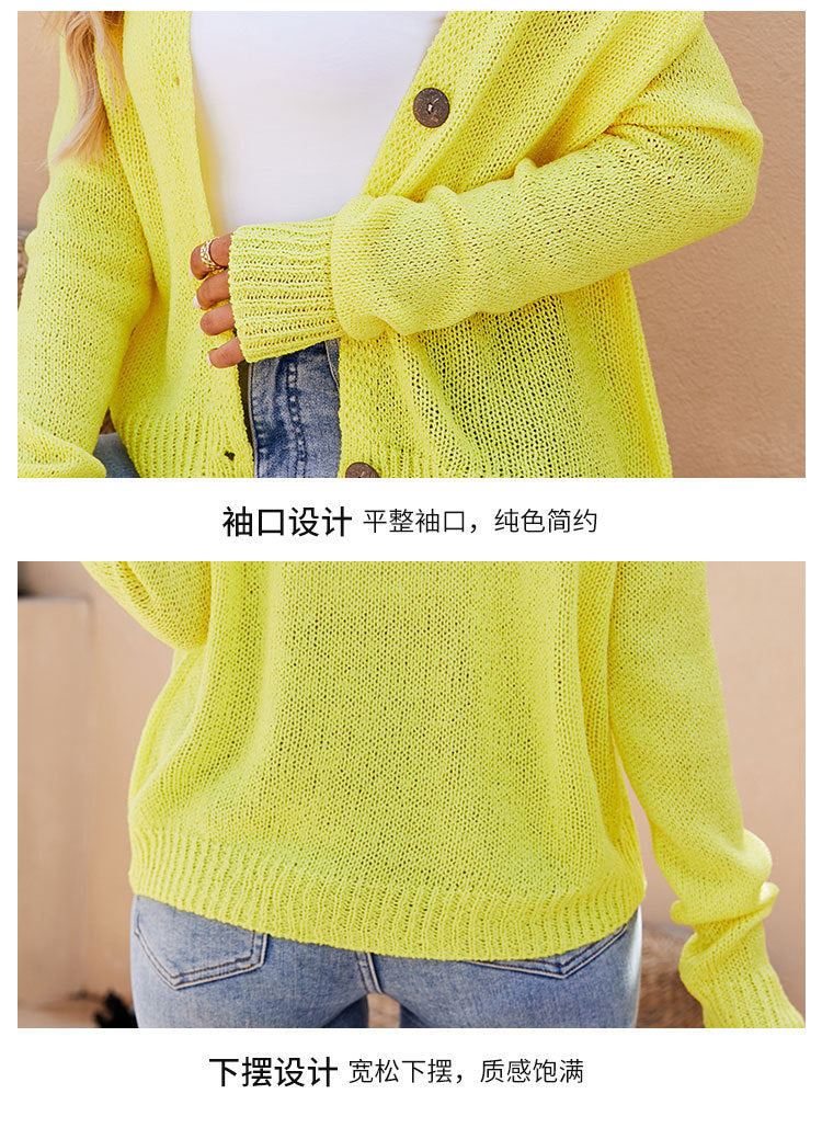 Foreign Trade 2024 Spring and Summer Women's Clothing European and American Casual Raglan Sleeve Knitted Thin Outwear Fluorescent Pink V Neck Knitted Cardigan