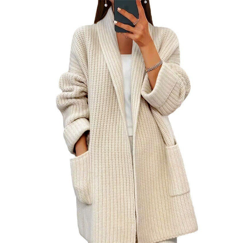 Foreign Trade Women's 2024 Autumn and Winter New Women's Thickened Solid Color V-neck Knitted Cardigan Loose Pocket Sweater Jacket