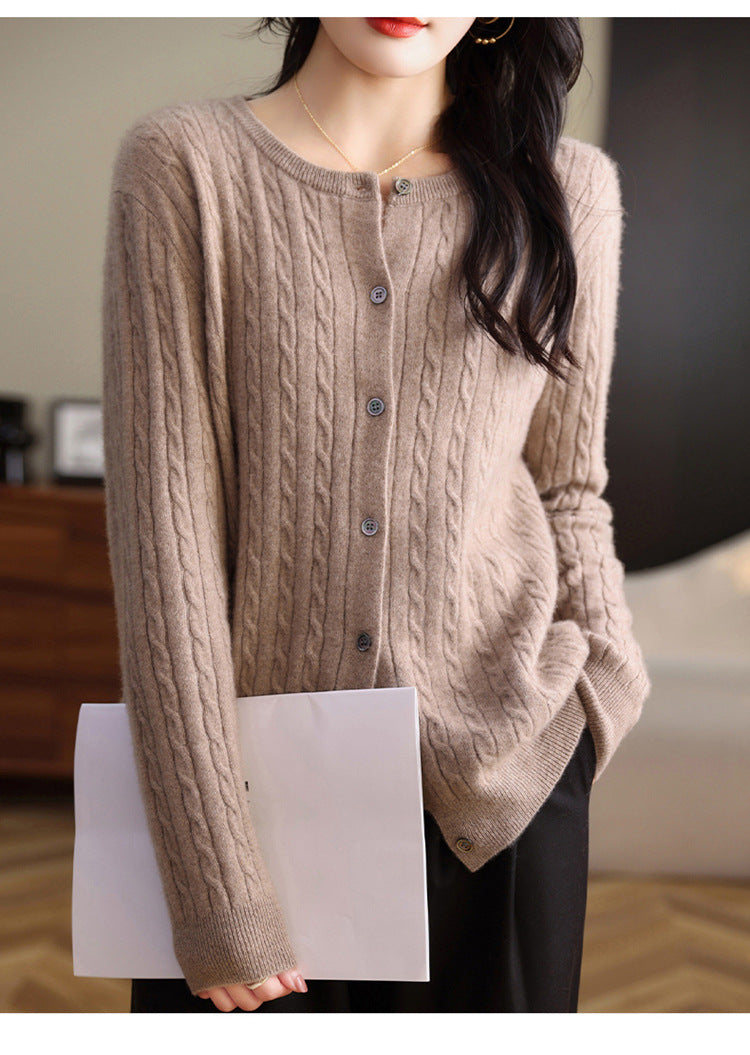 Retro Literary Elegant Slim Spring & Fall New Round Neck Knitted Cardigan Skin-friendly Soft Twist Sweater Jacket for Women