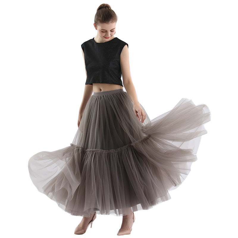 Mesh Skirt for Women 2025 Spring, Summer, and Autumn Long High-Waisted Ladylike Cake Skirt with Pleated Patchwork Midi Skirt with a Large Hem