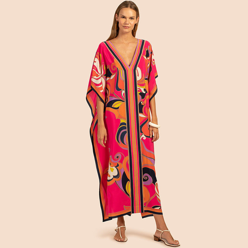 European and American New Positioning Printed Blouse Seaside Vacation Long Dress Loose Blouse Bikini Swimwear Long Gown Women