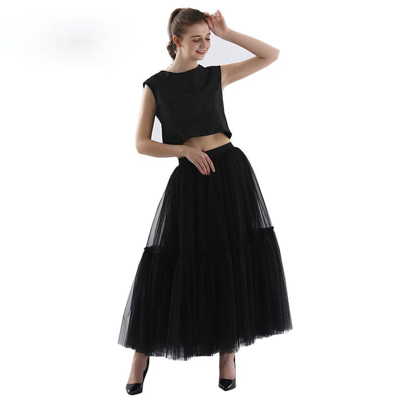 Mesh Skirt for Women 2025 Spring, Summer, and Autumn Long High-Waisted Ladylike Cake Skirt with Pleated Patchwork Midi Skirt with a Large Hem