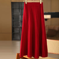 25 Autumn/Winter 100% Pure Wool Knitted Shiny Silk Midi Skirt for Women High Waist Mid-Length Red Skirt Sparkling A-Line Umbrella Skirt