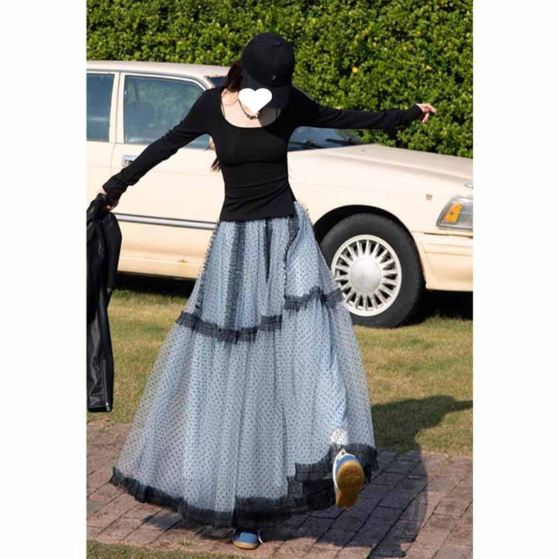 Designed Mesh Large Hem Umbrella Skirt for Women Summer French Romantic Fairy Long Skirt Polka Dot Skirt