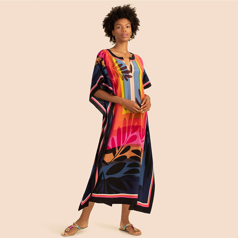 European and American New Positioning Printed Blouse Seaside Vacation Long Dress Loose Blouse Bikini Swimwear Long Gown Women